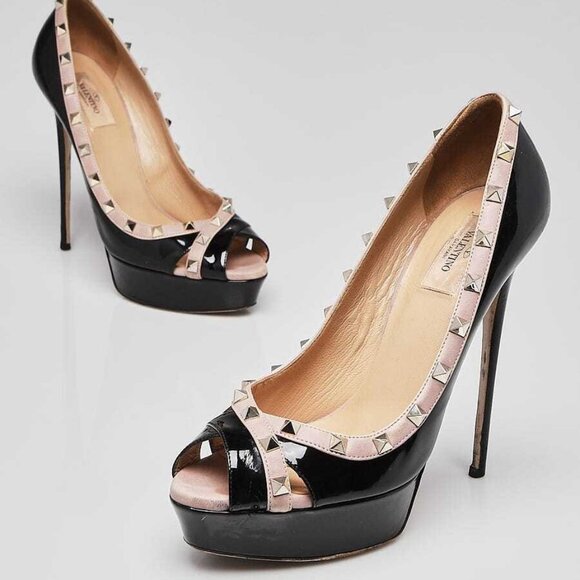 Valentino Black Patent Leather Rockstud Peep-Toe Platform Pumps Size 10.5/41 - Picture 1 of 4